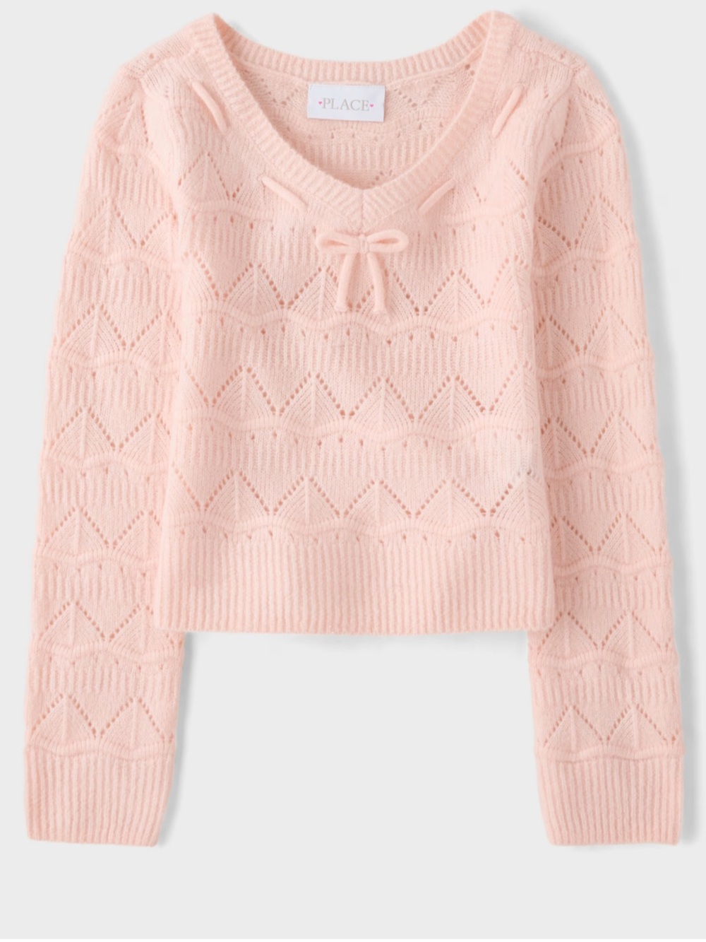 The Children’s Place Light Pink V-Neck Openwork Knit Sweater with Bow